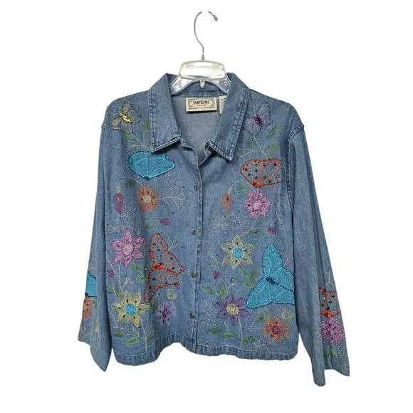VTG Tantrums Embroidered Floral Denim Jacket Sz L Butterflies 90s Hippie Boho - Picture 1 of 16